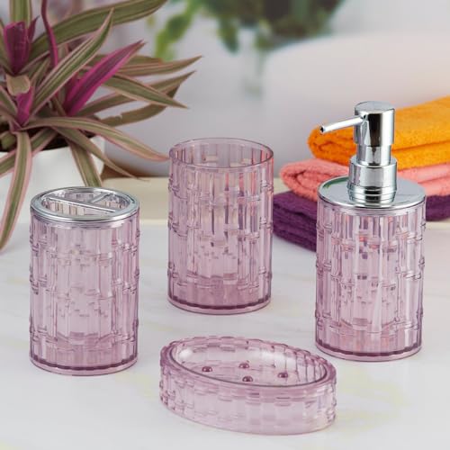 Image of Kookee Acrylic Bathroom Set - Stylish 4 Piece Bath Accessories Kit with Soap Dispenser, Toothbrush Holder, Tumbler & Soap Dish - Modern & Designer Decor for Home & Guest Bathrooms (10048)