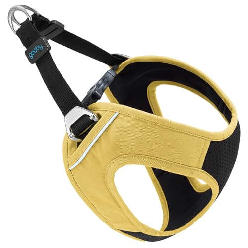 Image of Gooby Escape Free Easy Fit Plus Dog Harness, Miami Yellow, Medium | Escape-free contracting fit; Triple-layer neoprene build; Metal leash rings; Reflective linings; Soft chest padding