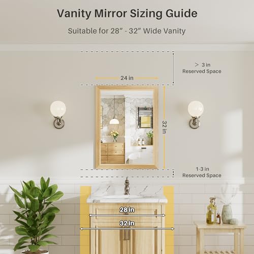 Image of 24x32 Inch Bathroom Mirror for Wall, Anti-Rust Oak Wood Grain Metal Framed Bathroom Mirrors for Over Sink,Rectangler Mirrors for Bathroom Vanity, Farmhouse, Bedroom, Living Room, Entryway Decor