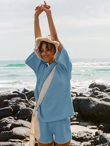 Image of Tankaneo Womens Short Sets 2 Piece Outfits 3 /4 Sleeve Tops and Elastic Waist Shorts Lounge Set Casual Loungewear