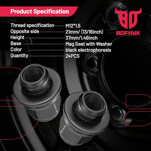 Image of BDFHYK 12mmx1.5 Wheel Lug Nuts,24pcs Black M12x1.5 Lug Nuts Closed End Mag Seat with Washer 13 /16 inch 21mm Hex 1.46 inch 37mm Tall Compatible with Toyota Tacoma 4Runner FJ Cruiser