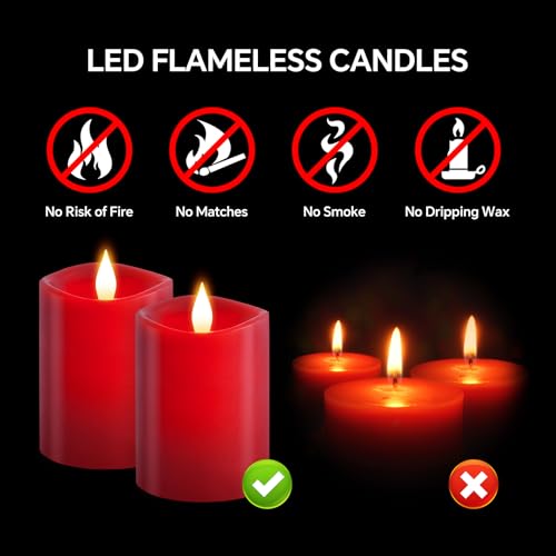 Image of 3x4 Flickering Flameless Candles Set of 2,Real Wax led Candles Flickering,with Timer,4 inch Flameless Candles with Remote,Battery Operated Candles,for Party Wedding Holiday Home Decor,Red