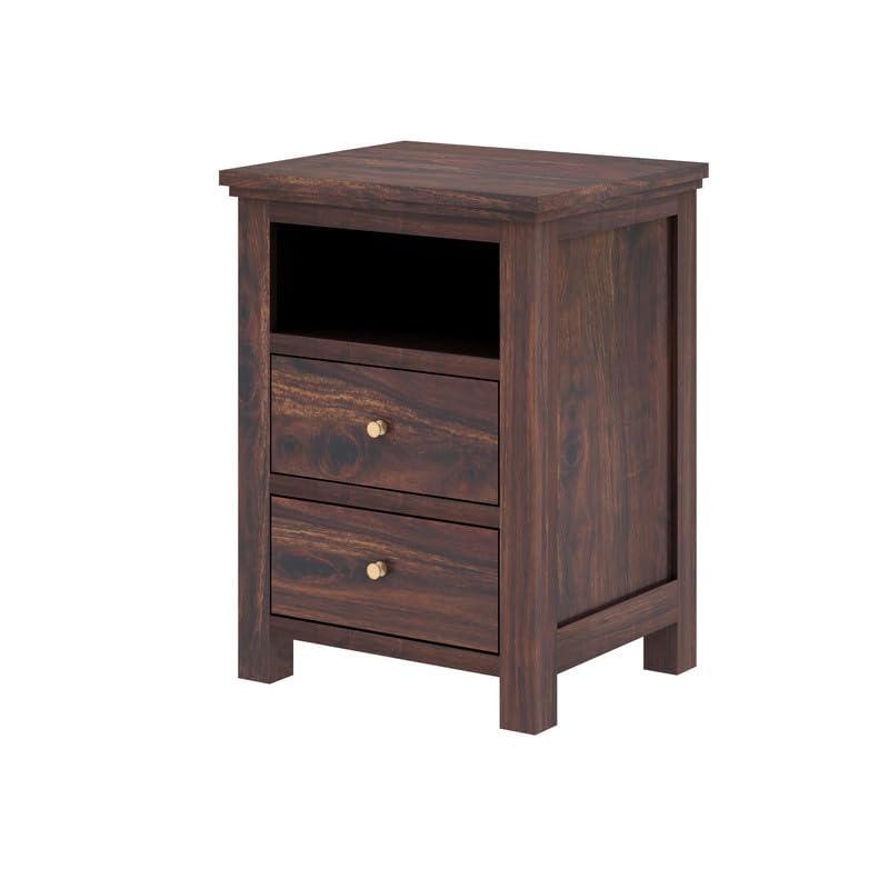 Image of Solid Sheesham Wood Bedside Table with 2 Drawer & 1 Shelf Storage for Bedroom, End Table, Side Table for Living Room (Walnut Finish)
