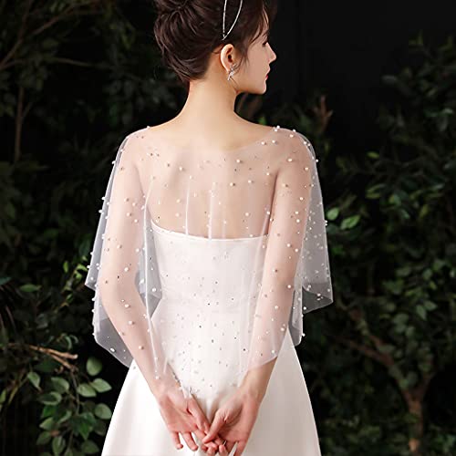 Women Sheer Pleated Wedding Shawl Rhinestone Pearl White Capelet Bolero Shrug White, 150-180cm(59.06-70.87in)4