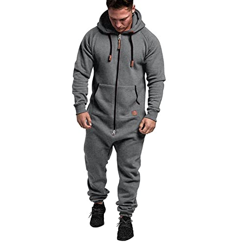 Men's Hooded Jumpsuit Zip Up One Piece Pajamas Playsuit Jogger Sweatsuit Overall Romper (Grey,XX-Large)