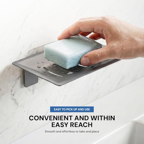 Image of MIORAH Self Adhesive Soap Holder for Bathroom Wall - Strong Grip Soap Stand for Bathroom, No Drill Wall Mounted Soap Dish with Drain Tray, Bathroom Soap Holder & Soap Case Aluminum