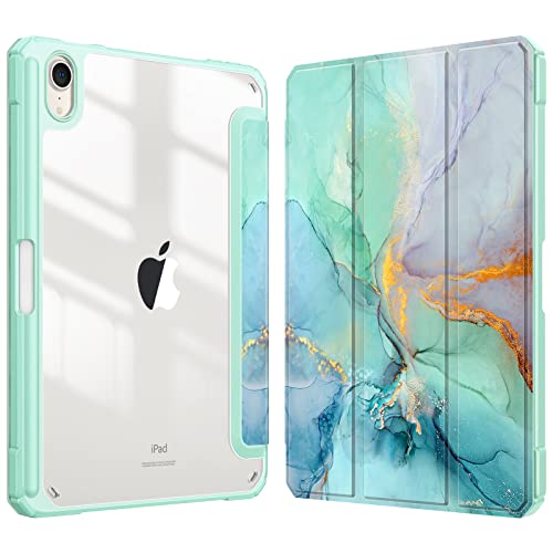 FINTIE Hybrid Case for iPad Mini 7 (A17 Pro) 2024 / iPad Mini 6 (2021) 8.3 Inch - Clear Shockproof Cover with Pencil Holder, Auto Wake/Sleep, Emerald Marble