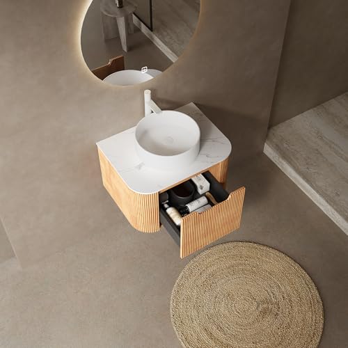 Image of KEIKI 24 inch Bathroom Vanity Cabinet with Sink Combo, Wall Mounted Curved Edges Striped Floating Bathroom Vanity with Soft-Close Drawer, White Round Ceramic Basin Without Faucet, Natural Wood