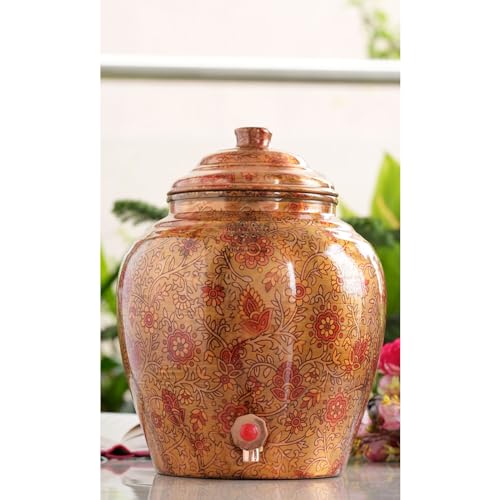 Image of Indian Art Villa Printed Paisely Design Copper Water Dispenser Pot Matka, Storage, Home Kitchen Garden, 6 LTR