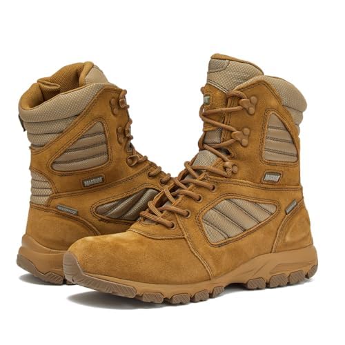 MAGNUM Storm 8 Inch Leather Waterproof, Military Mens Combat Boots or Work Boots with Side Zipper - Tan/Tan, 7.52