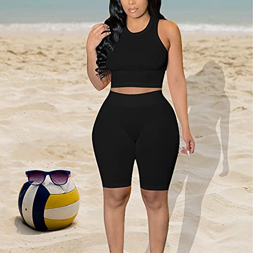 Halfword Yoga Leggings Outfit For Women 2 Piece Ribbed Scoop Neck Tank Top Biker Shorts Set Tracksuits Ankle Length Black XL