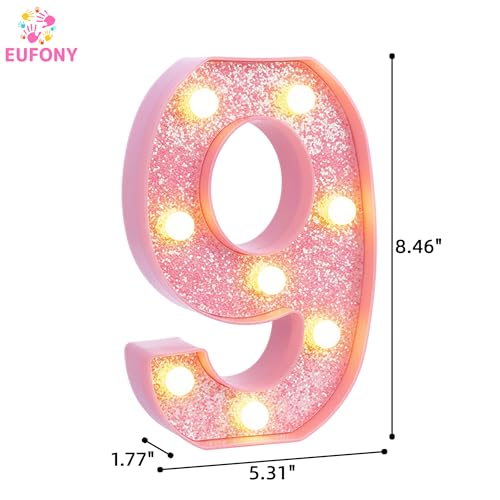 Image of Pink Light Up Marquee Numbers, Glitter LED Number Lights Signs Battery Operated for Girls 9th 19th 29th Pink Birthday Party Table Decorations, 8 Inch Tall Number 9 with Warm White Lights