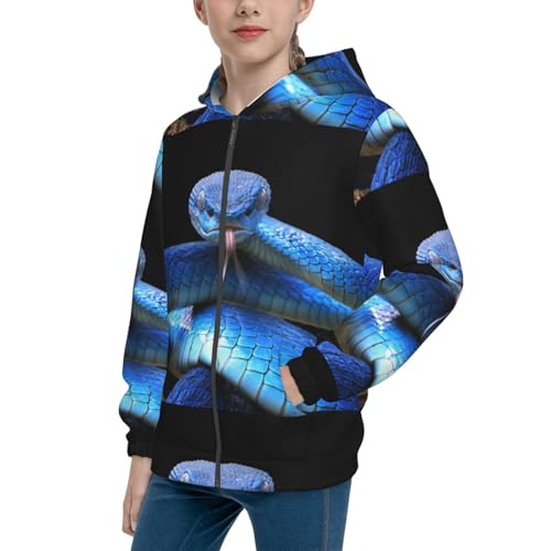 Blue Viper Snake Kids Pullover Hoodies Boys Zip Up Sweatshirts Girls Athletic Clothes with Pocket