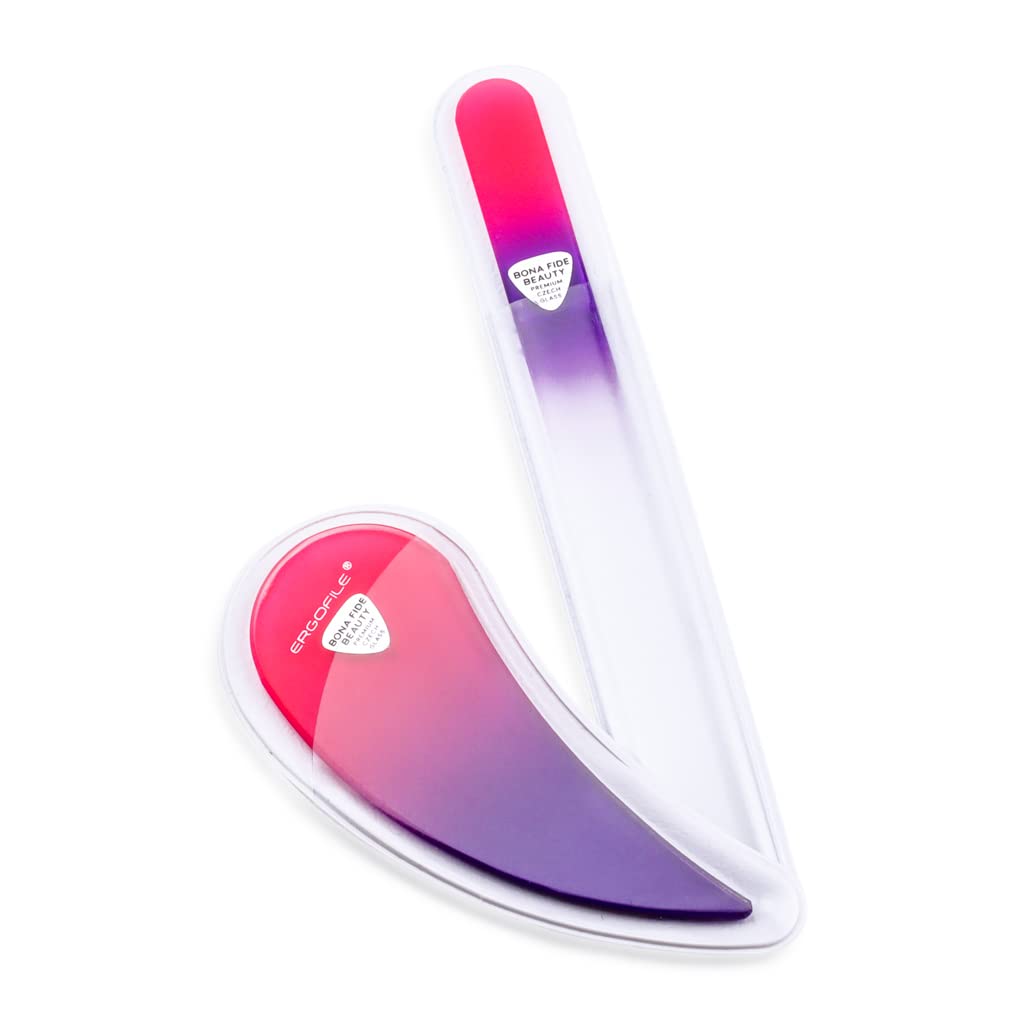BONA FIDE BEAUTY Glass Nail File Manicure Set, Comfort Grip Ergonomic Drop Ergofile (Pink/Violet) Czech Glass with Glass Cuticle Pusher (Clear), Elegant Gift Nail Care Tools