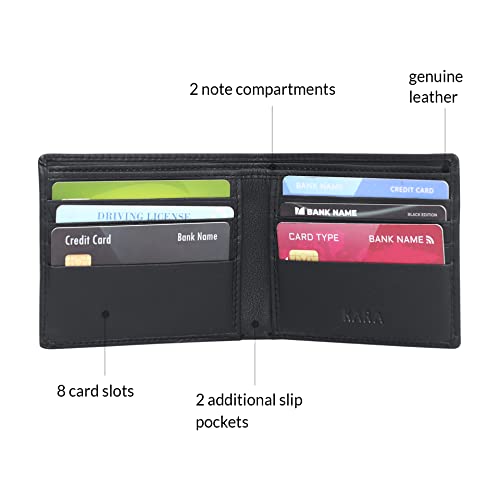 Image of KARA Black Genuine Leather Wallet for Men with Multipurpose Slip Pocket - Bifold Men's Wallet with 8 Card Holder Slots
