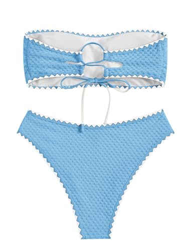 Image of ZAFUL Women's High Cut Bandeau Bikini Set Strapless Solid Color 2 Pieces Bathing Suit Swimsuit