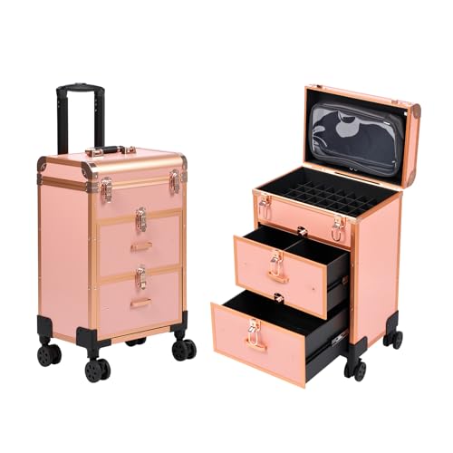 Estojo de maquiagem 3 em 1, estojo de cosmetologia profissional sobre rodas, bolsa de maquiagem transparente removível e organizador de esmalte, carrinho de maquiagem portátil com gavetas para