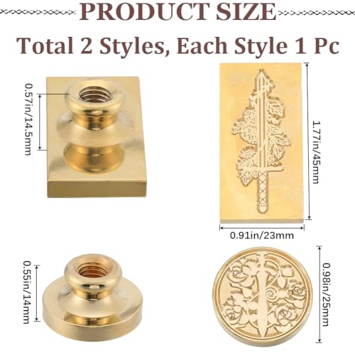 CRASPIRE 2Pcs Wax Seal Stamp Head Sword Removable Flower Rectangular Sealing Stamp Brass Head for Creative Gift Envelopes Invitations Cards Decoration DIY Scrapbooking Embellishment - Image 2