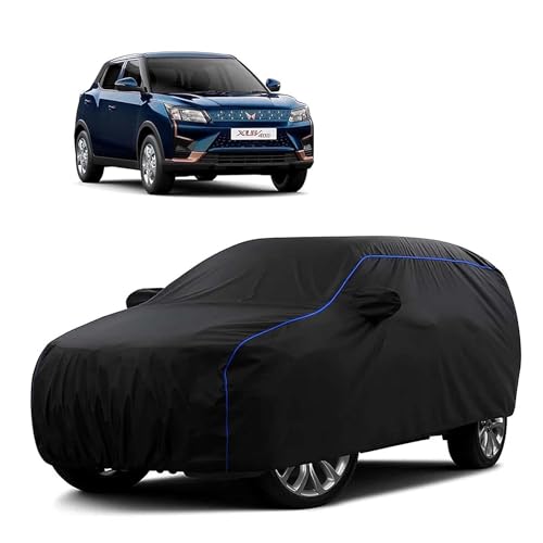Image of Sulfar 100% Water Resistant Car Body Cover Compatible with Mirror for Mahindra XUV 400 (Triple Stitched, Full Bottom Elastic, Black Tafetta with Blue Piping)