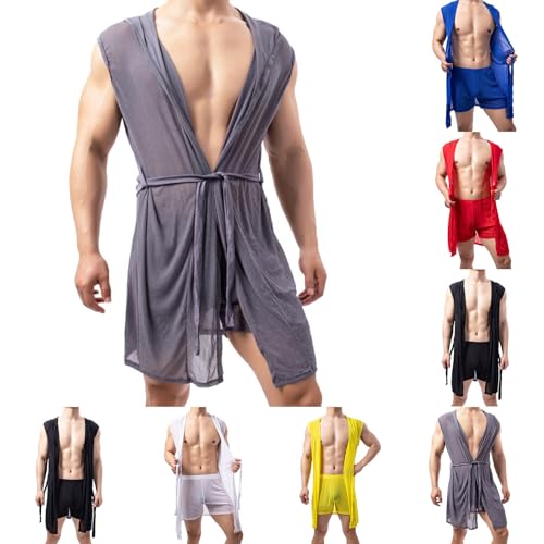 Cambkatl Men's Mesh Sheer Sexy Sleeveless Summer Robe Hooded Bathrobe Nightwear2