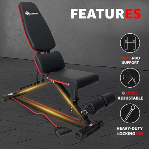 Image of PowerMax Fitness PUB-96 Adjustable Weight Bench for Home Gym with Resistance band | 150KG Max Load | Multi-Purpose Flat Incline Decline (FID) Bench | Strength Training Exercise Workout | Steel Frame