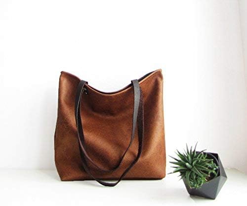 Vegan leather tote bag Top handle bag Handbag Cognac brown Rustic Distressed Carry-all bag