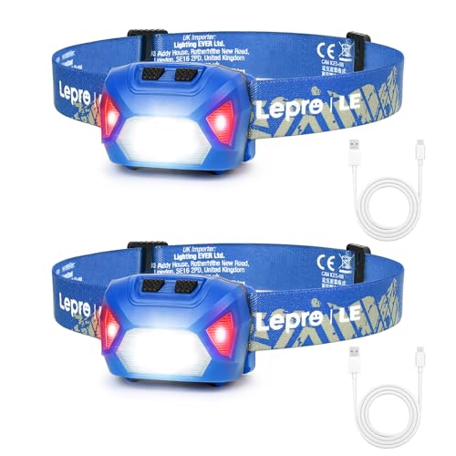 Lepro Headlamp Rechargeable 2-Pack, 2000 Lux Super Bright LED Headlamp with Red and White Light, 6 Lighting Modes Hardhat Head Lamp, Waterproof Lightweight Headlight for Outdoor Camping Runn