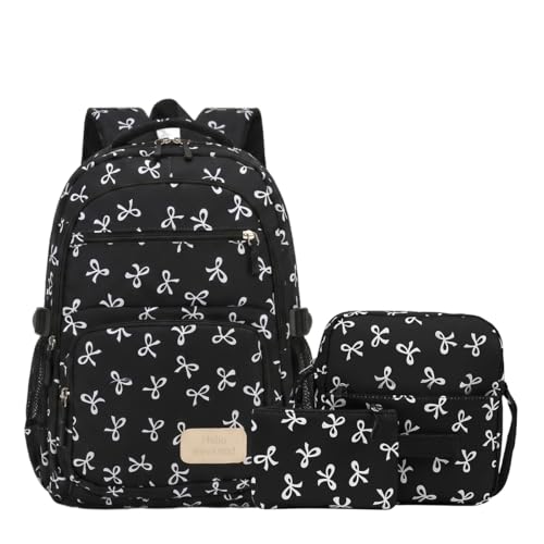 Image of PALAY 3PCS Sweet Stylish Girls Backpack Set with Bow Print, Cute Nylon School Backpack Shoulder Bag Zipper Pouch, Lightweight Casual Bookbag for School, Travel