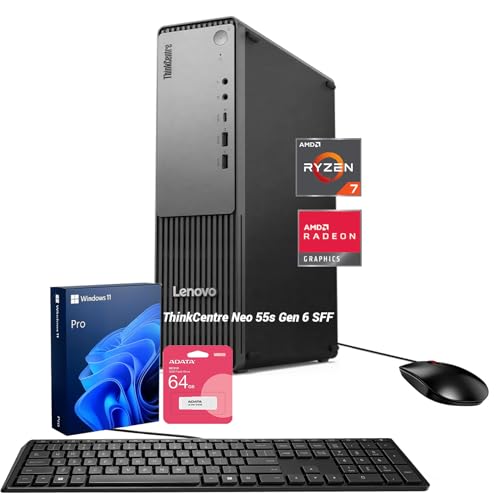 Image of Lenovo ThinkCentre Neo 55s SFF Business AI Desktop, AMD Ryzen 7 250 (up to 5.10 GHz), 64GB DDR5, 2TB SSD, Support 2-Monitor 4K, DP, HDMI, Wired KB & Mouse, Wi-Fi, Windows 11 Pro, Flash Drive Bundle