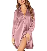 Ekouaer Nachthemd Satin Damen Knopfen Nachtkleid Kurz Langarm Sleepwear mit Tiefer V-Ausschnitt S...