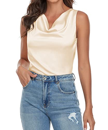 Wantschun Women's Cowl Neck Tank Top Silk Satin Sleeveless Draped Blouse Shirt Champagne, Medium