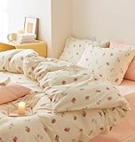 Bildenly Strawberry Duvet Cover Set Queen Size Kawaii Strawberry Printed on Cream White Bedding Set with 2 Pillowcases 3Pcs Kids Cute Fruit Reversible Microfiber Comforter Cover for Girls Women