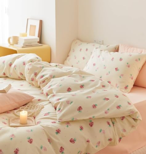 Image of Strawberry Duvet Cover Set Queen Size Kawaii Strawberry Printed on Cream White Bedding Set with 2 Pillowcases 3Pcs Kids Cute Fruit Reversible Microfiber Comforter Cover for Girls Women