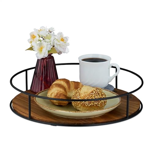 Relaxdays Tablett, Holz & Eisen, H x D: 6 x 31 cm, Serviertablett mit hohem Rand, rundes Dekotablett, braun/schwarz