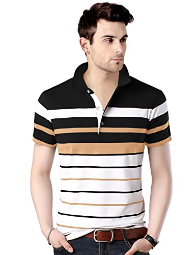 Image of EYEBOGLER Men's Striped Regular fit T-Shirt (T285HS White Irongate Light Orange M)
