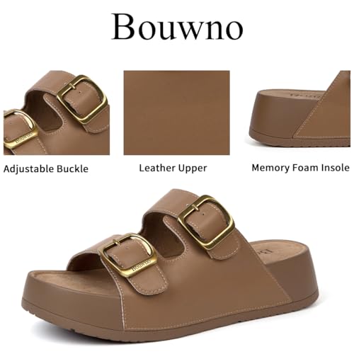 Image of Platform Sandals Women Genuine Leather Slip-on Beach Slide Buckle Comfortable Sandals with Memory Foam Soft Lining and Open Toe Low Wedges