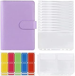 A6 PU Leather Notebook Binder with 12pcs Plastic Binder Pockets, 6 Ring Binder Budget Envelope System, Budget Envelopes, Binder Cover with Label Stickers (Black)