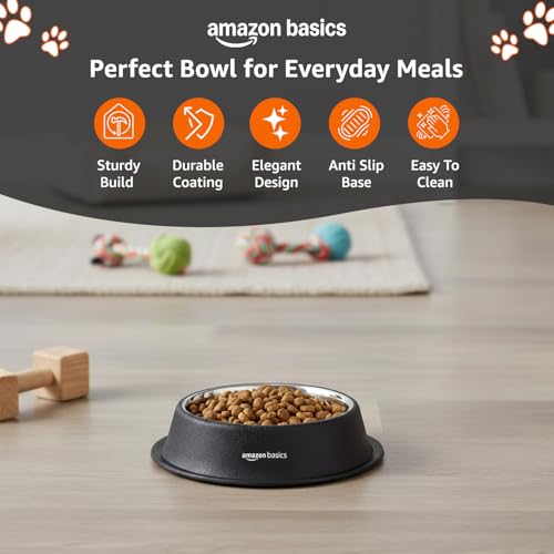 Image of Amazon Basics Stainless Steel Pet Feeding Bowls for Dog & Cats | Anti Slip Base | 2 Pcs Set | Canister & Pet Bowl in Black Color | Canister 1000 ml & Bowl 700 ml