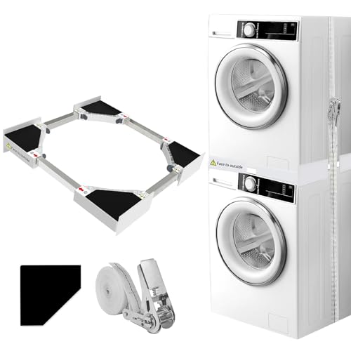 TUAKIMCE Universal Stacking Kit for Washer and Dryer, Adjustable Stacking Frame Kit Fit 42-70cm Washer Machine and Tumble Dryer, Stacking Shelf with Ratchet Ropes