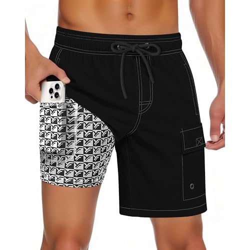 Men Swim Trunks with Compression Liner Quick Dry Breathable Multi Pockets for Summer Beach Cruise Water Park Medium Jet Black