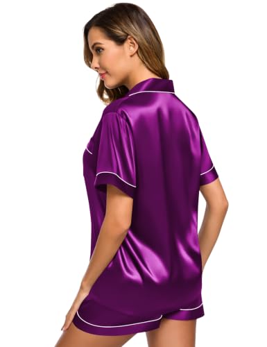 Image of SWOMOG Womens Silk Satin Pajamas Set Short Sleeve Sleepwear Button Down Top and Shorts Loungewear 2 Piece Pjs Set XS-3XL