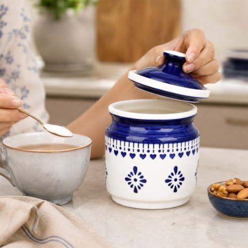Image of The Earth Store Blue Drape Pickle Jar Set of 1 - 600ML Ceramic Jar for Kitchen Storage | Microwave & Dishwasher Safe Achar Container | Pickle, Salt & Spice Storage Jar | Barni Jar