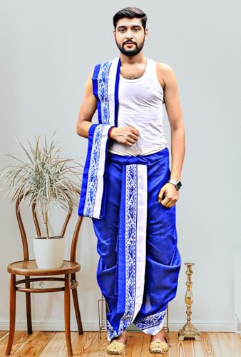 Image of Men's Ethnic | Traditional Ready to wear (Pant System) Readymade Panchakacham Dhoti With Angavastram(Towel) Set, Tassar Silk, Free Size (GC002)
