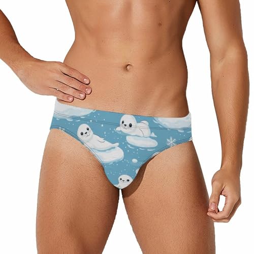Cartoon Seals Snowflakes Mens Swim Briefs Bikini Sexy Low Rise Trunks Swimsuit Bathing Suit Beach