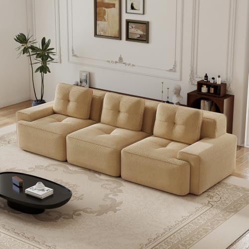 Image of 117 inch Oversized 3 Seater Modular Boneless Couch, Durable Corduroy Fabric, Deep Seat Cloud sectional Sofa with Buckle Connection and Tufted Detail, No Assembly, Anti Slip, Camel