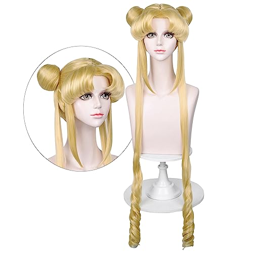 LABEAUT Long Curly Blonde Ponytails Wig with Buns for Women Cosplay Costume Anime Blonde Pigtails Wig with Bangs + Cap