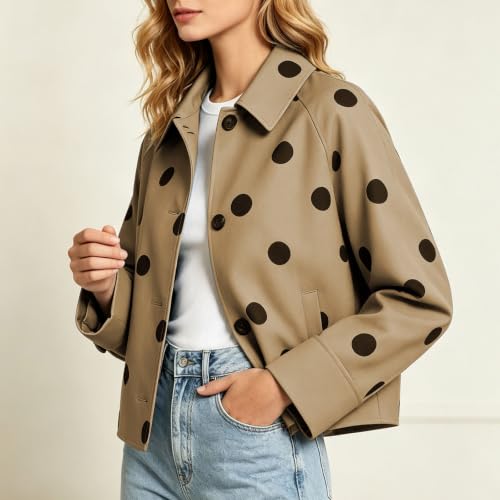 Cropped Jacket Women Polka Dot Collared Button Front Casual Fall Outerwear - image 3