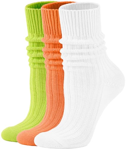 Women's Neon Scrunch Crew Socks 80s 90s Retro 3-Pack Cotton Stacked Boot Calf Cozy Ribbed Slouchy Socks Size 5-10