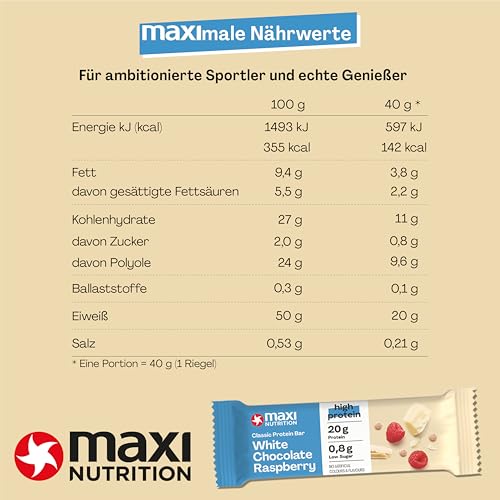 MaxiNutrition Classic Protein Bar White Chocolate Raspberry 16 x 40g - Protein Riegel mit 50% Eiweiß, 20 g Protein pro Riegel, low sugar 0,8 g, ohne Zuckerzusatz, ohne künstliche Aromen (16er Pack)