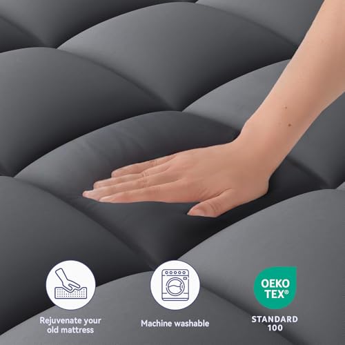 ELEMUSE King Grey Mattress Topper for Back Pain, Extra Thick Mattress Pad Cover, Plush Soft Pillowtop with Elastic Deep Pocket, Overfilled Down Alternative Filling